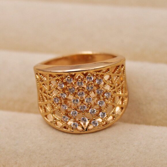 18K Yellow Gold Filled Wide Band Web White Diamond Zircon Ring Gorgeous Gift - Picture 11 of 12